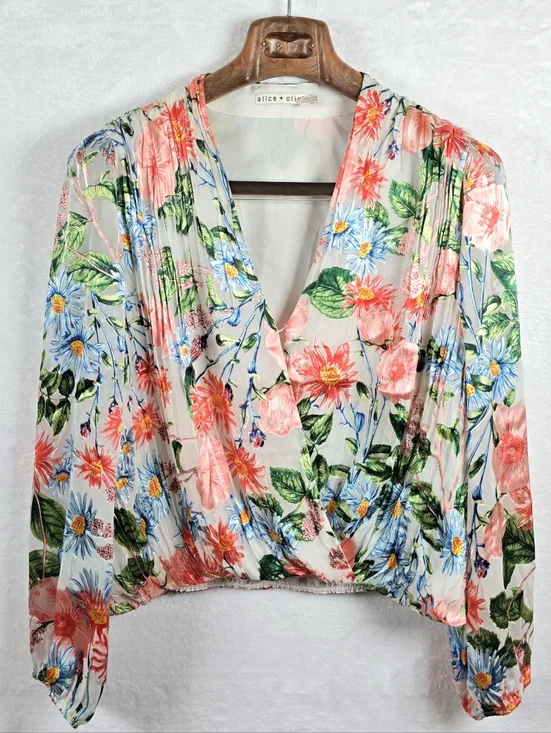 Alice + Olivia Trista Silk Blend Cross Front Blouson Top Floral Print Sz.M - Picture 2 of 8